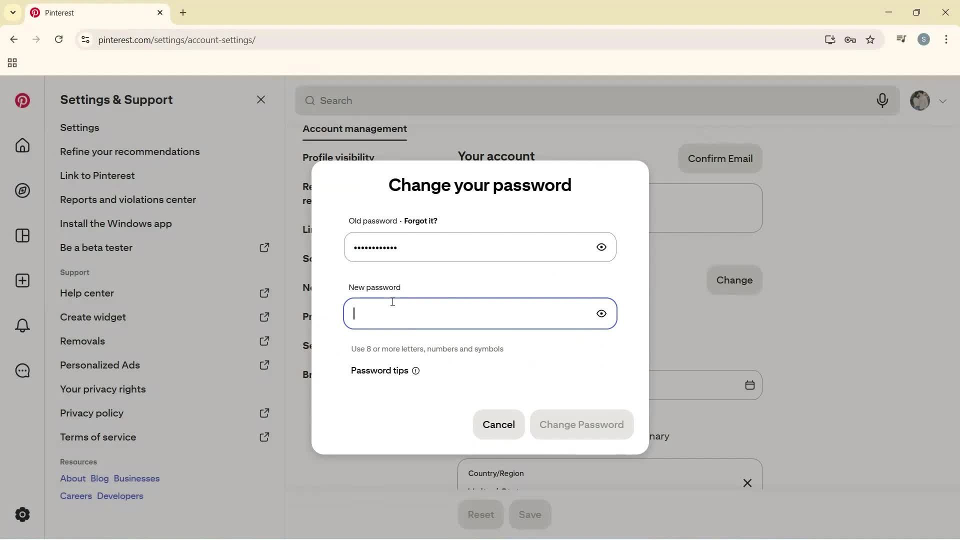 Changing password screenshot