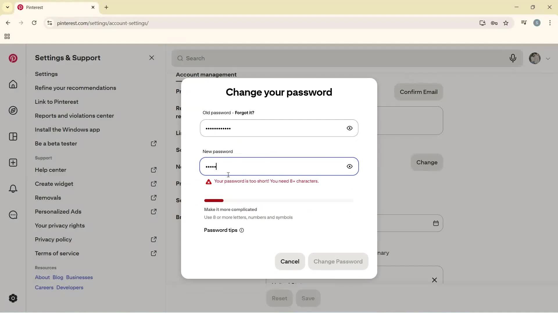 Changing password screenshot