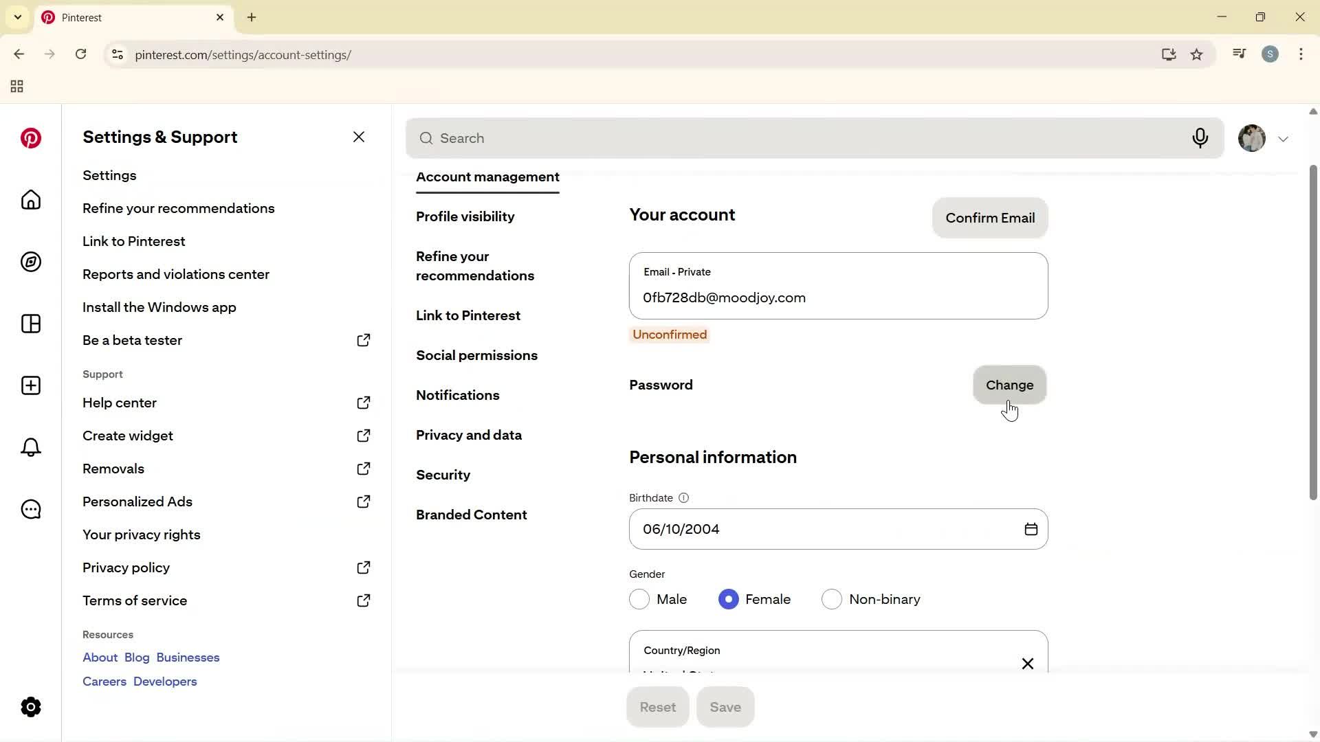 Changing password screenshot