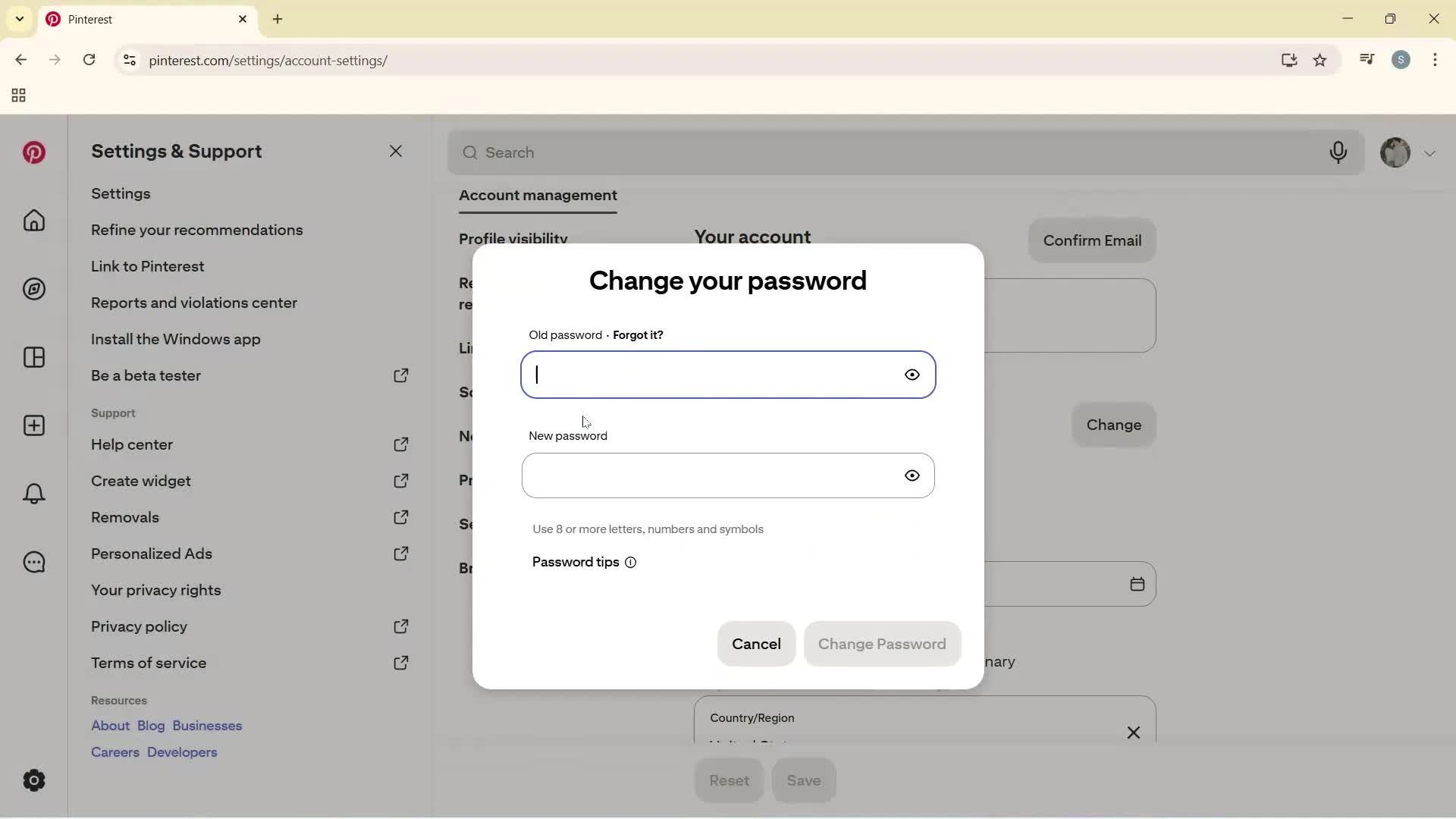 Changing password screenshot