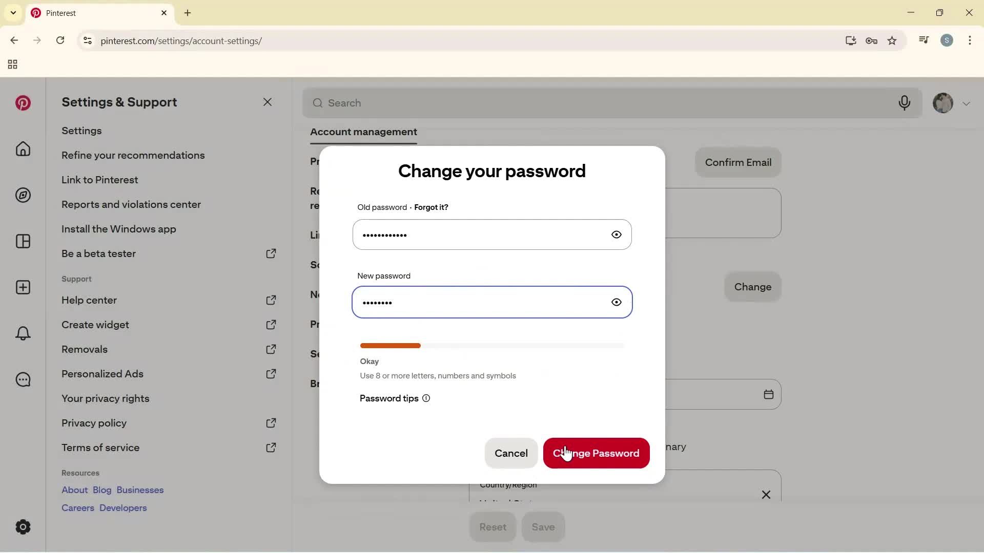 Changing password screenshot