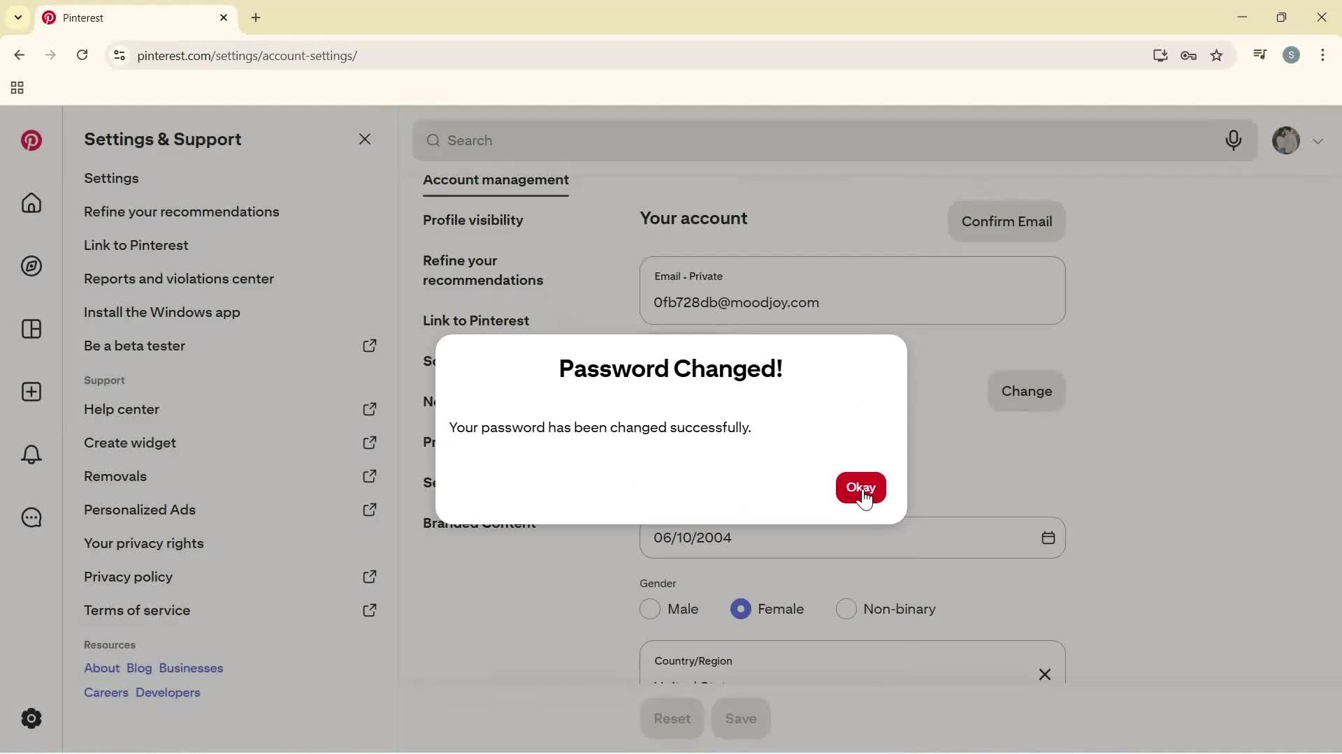 Changing password screenshot