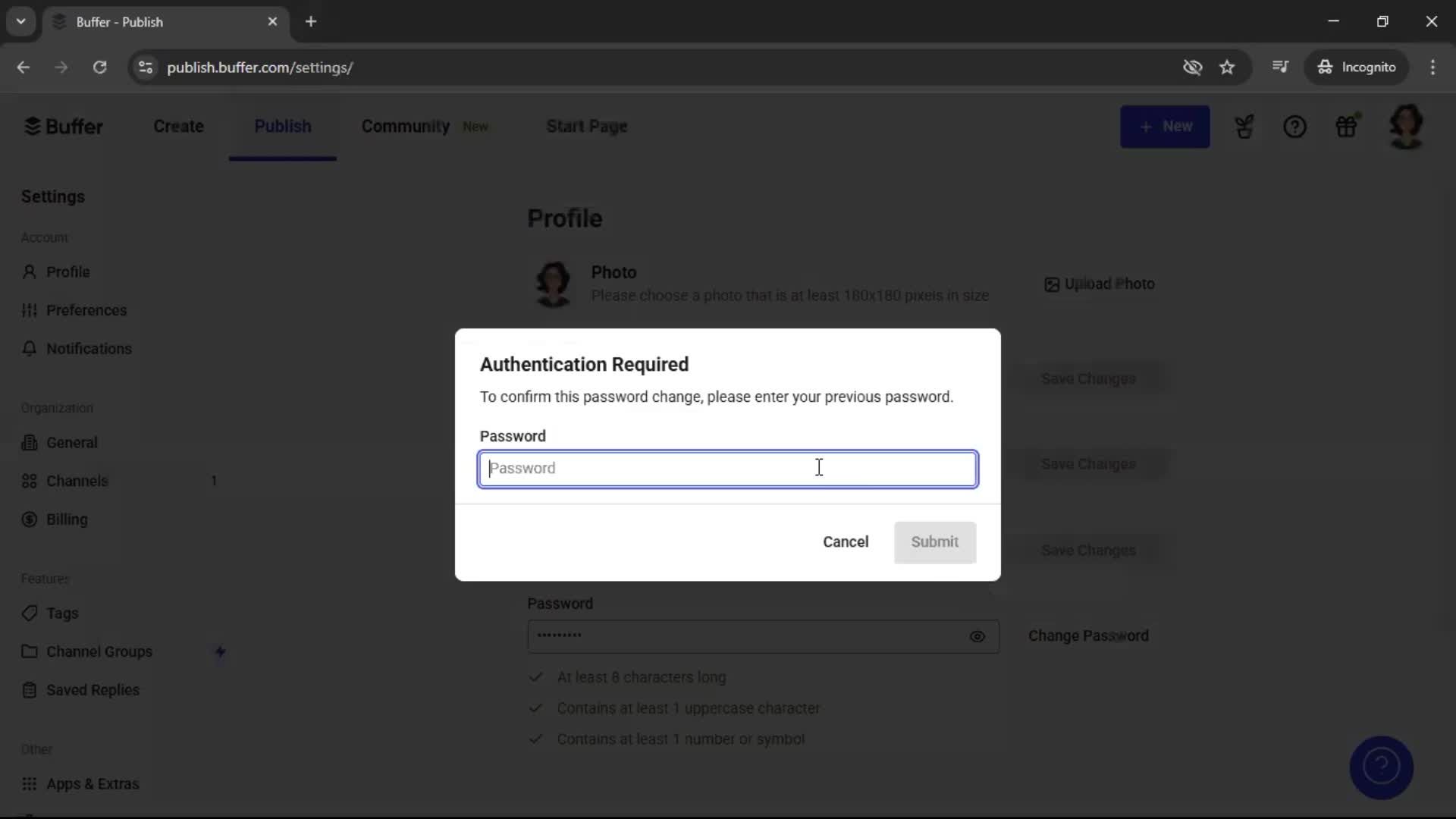 Changing password screenshot