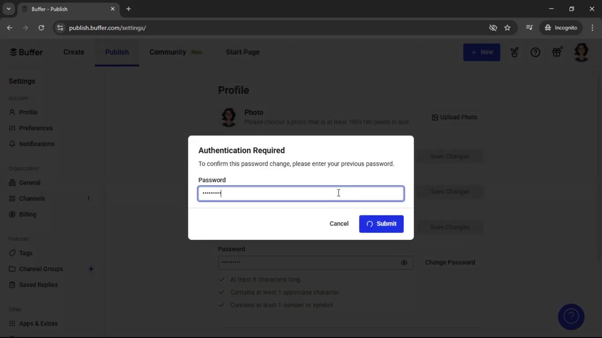 Changing password screenshot