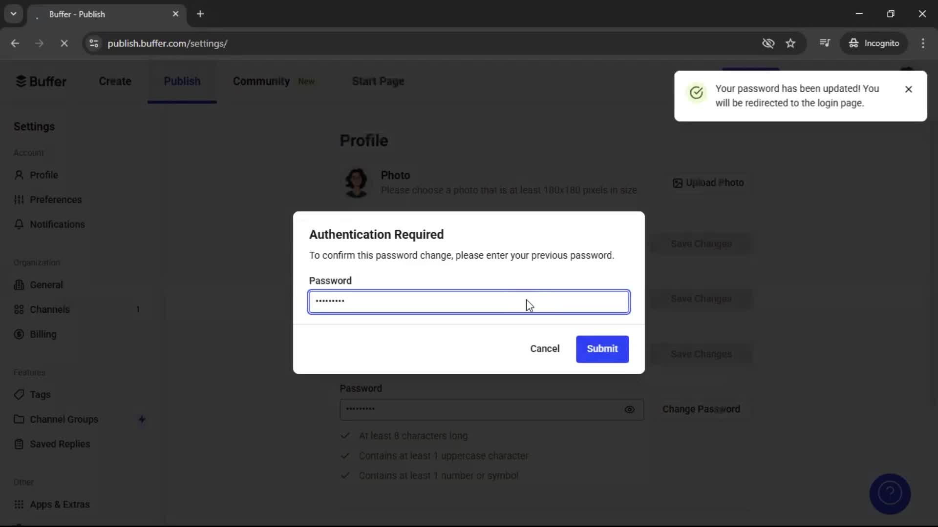 Changing password screenshot