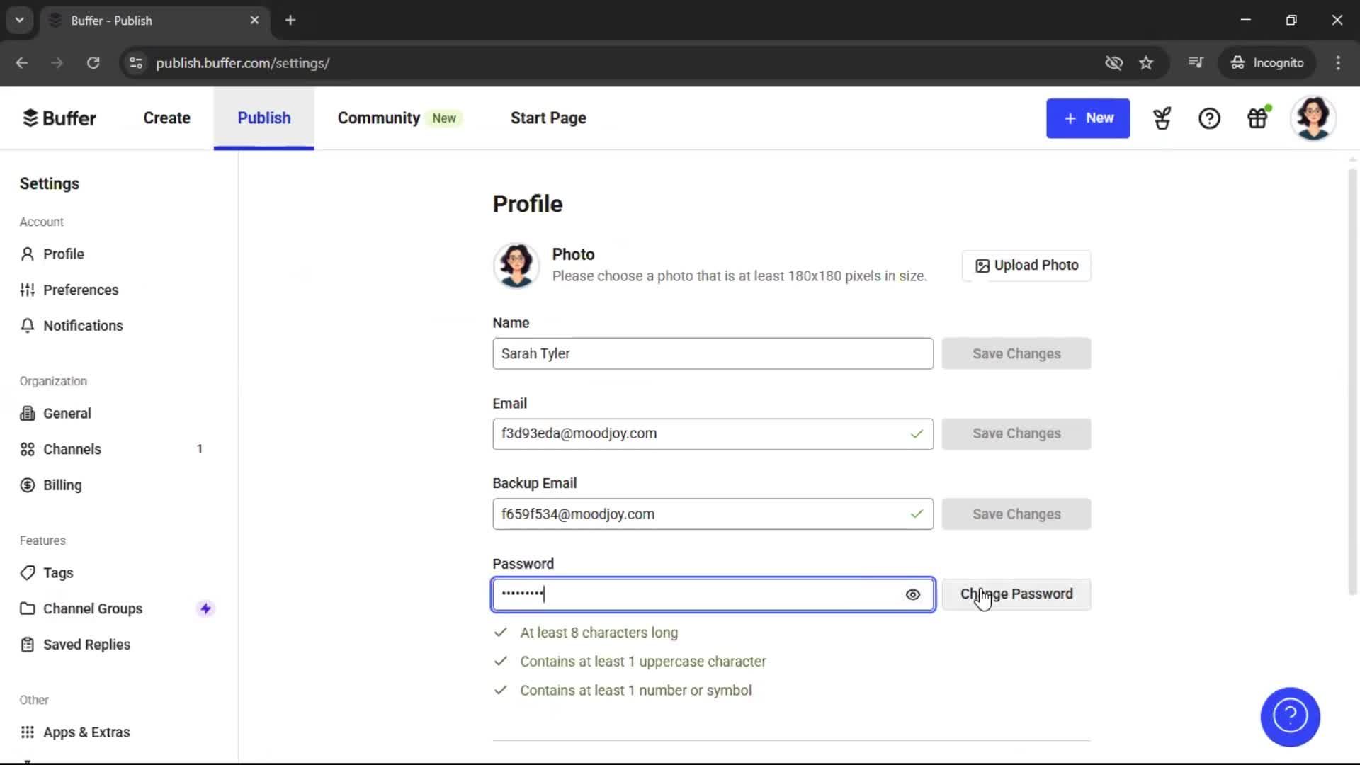 Changing password screenshot