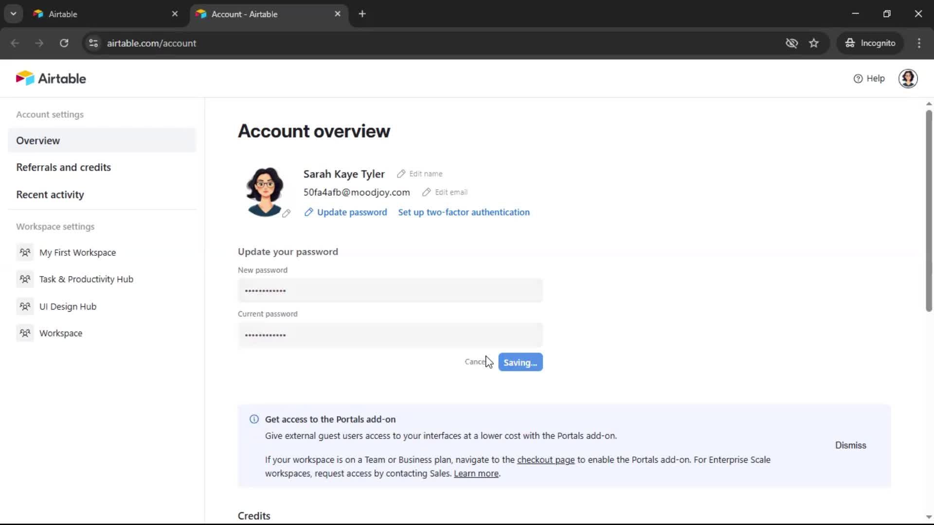 Changing password screenshot