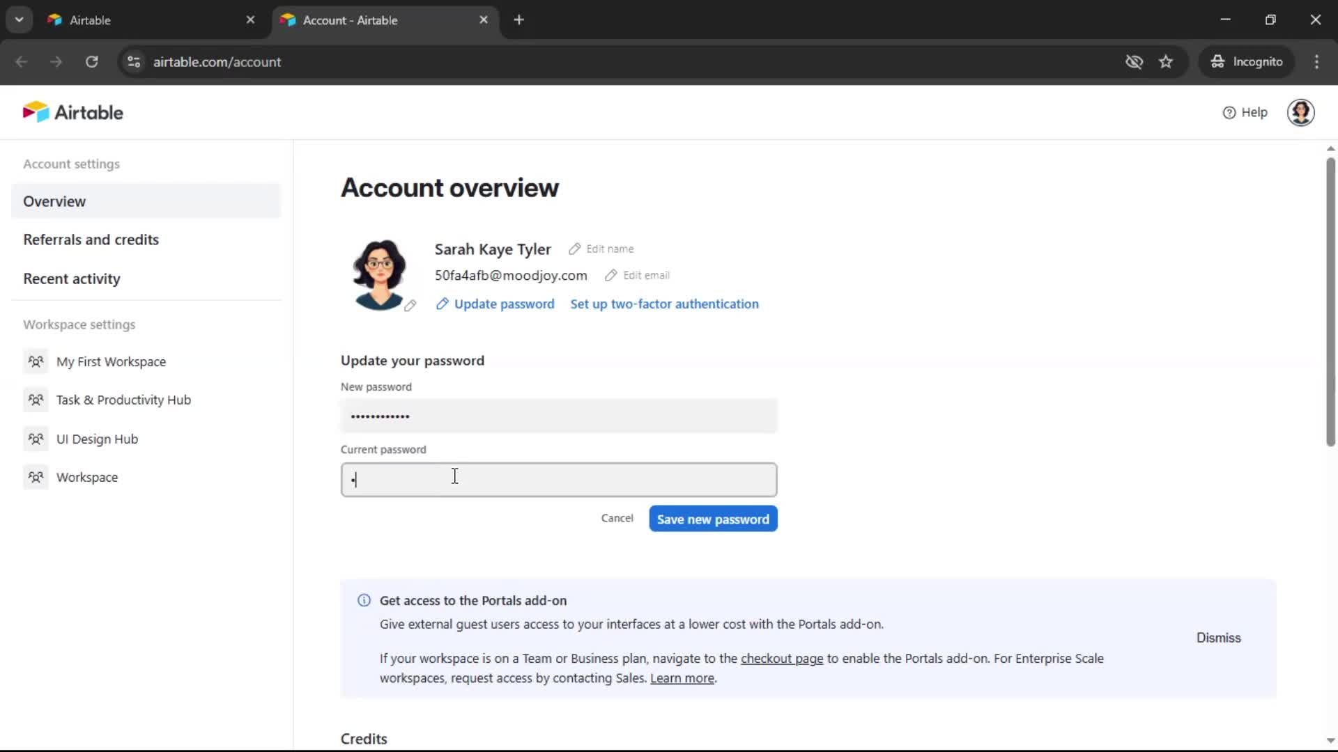 Changing password screenshot