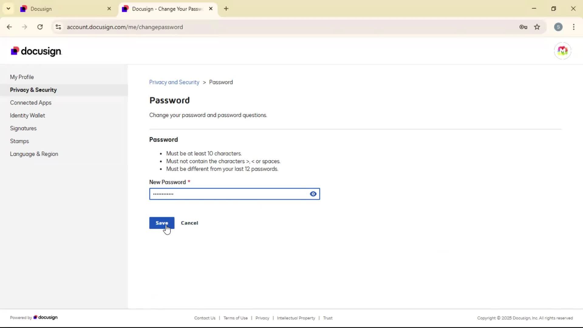 Changing password screenshot
