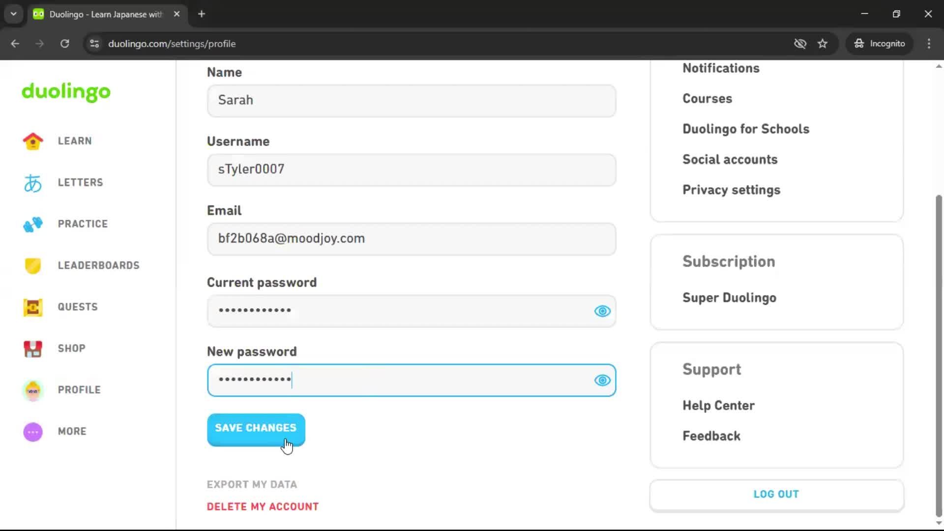 Changing password screenshot