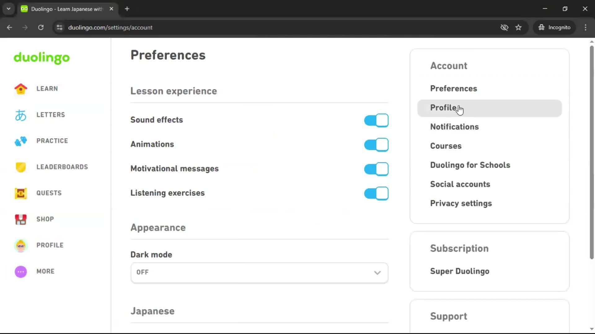 Changing password screenshot