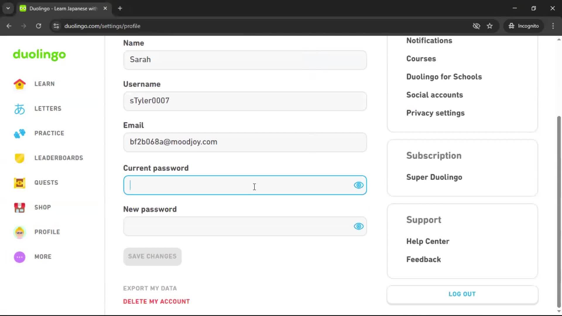 Changing password screenshot