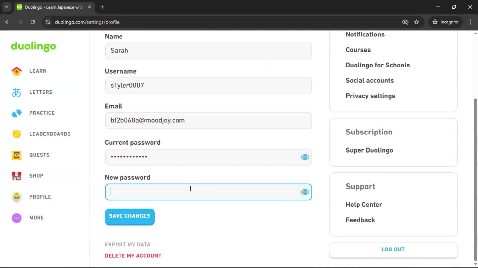 Changing password screenshot