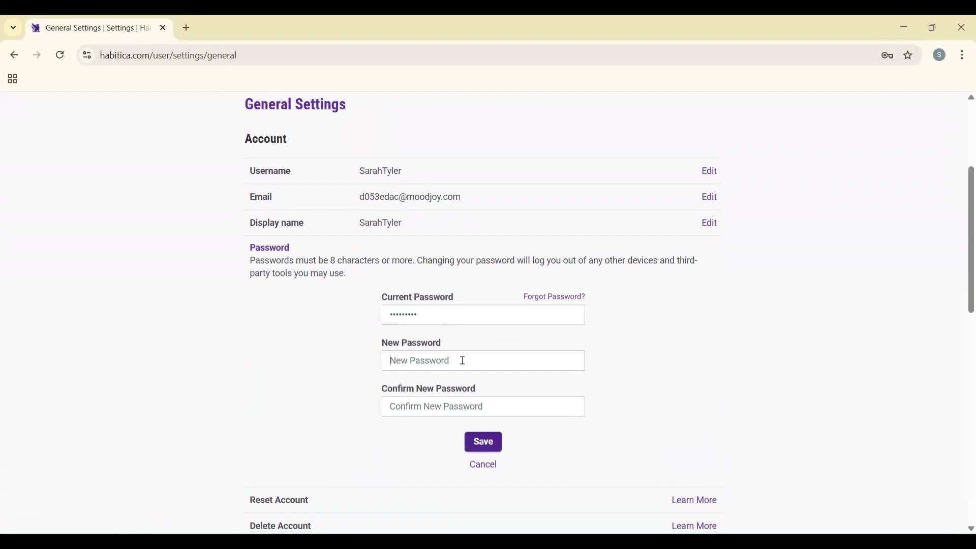 Changing password screenshot
