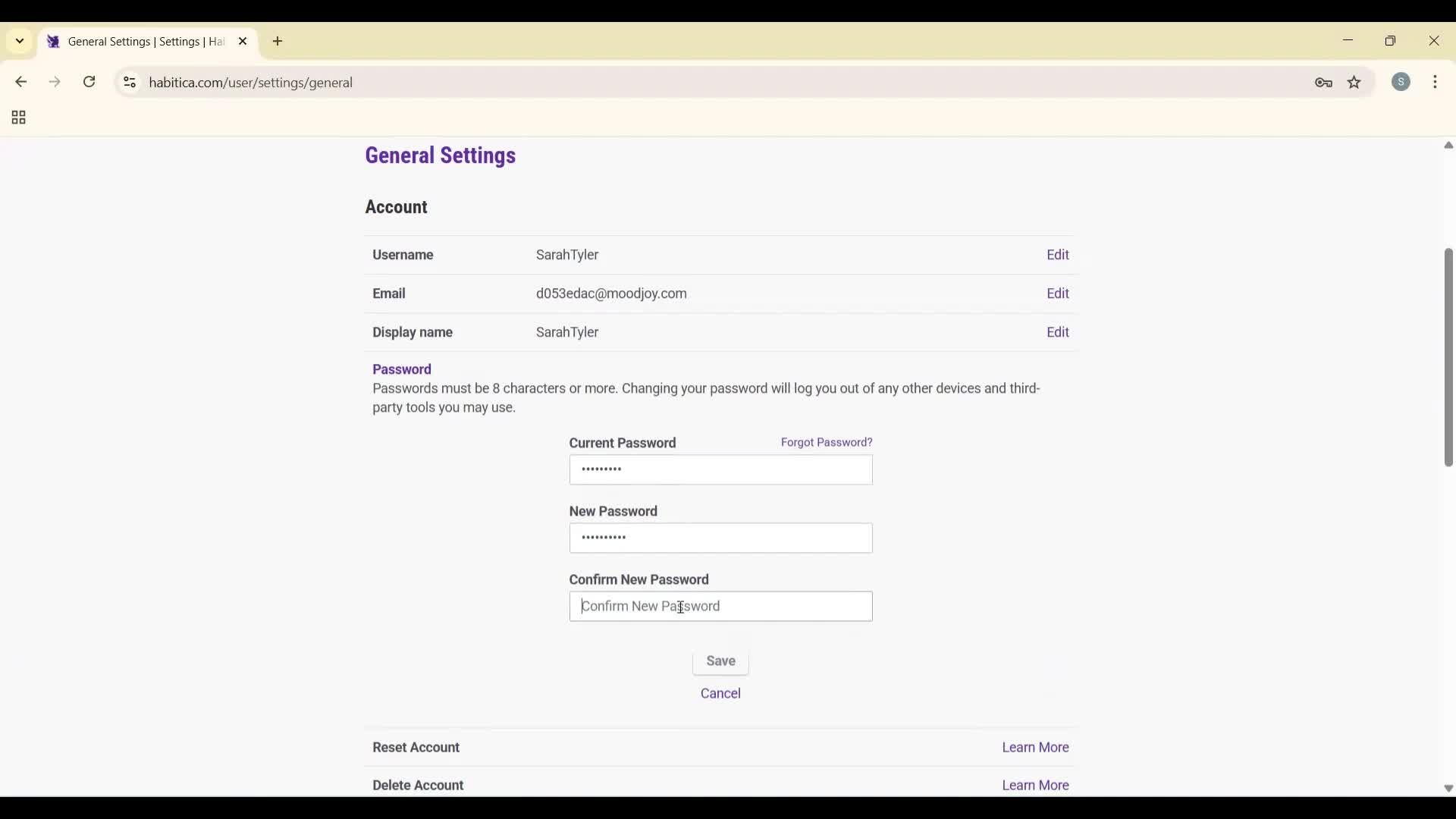 Changing password screenshot