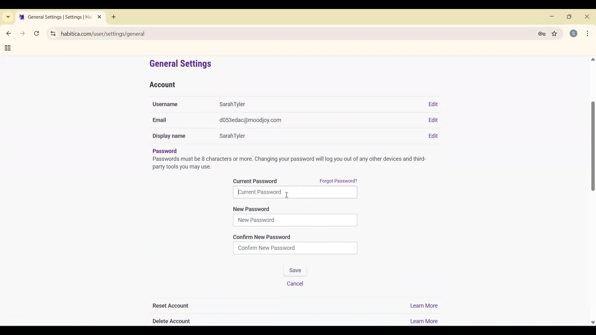 Changing password screenshot
