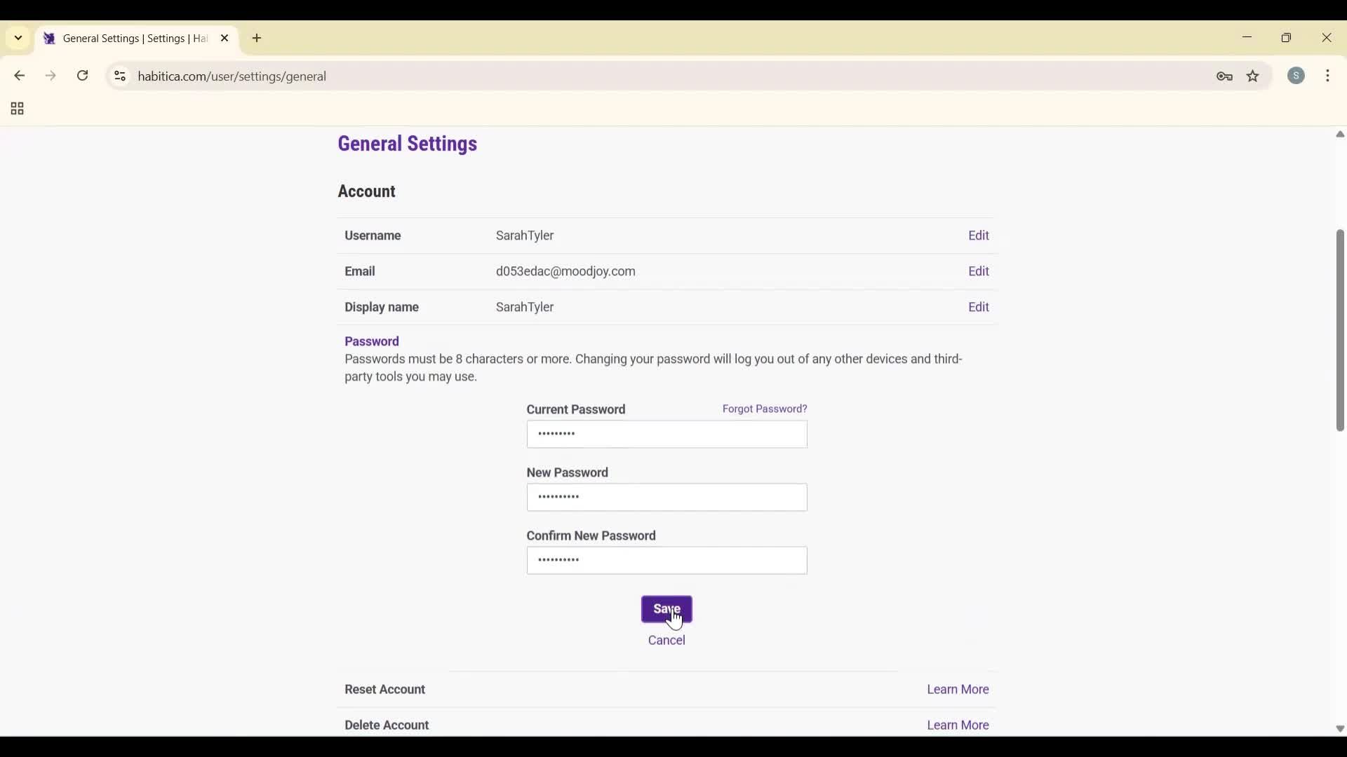 Changing password screenshot