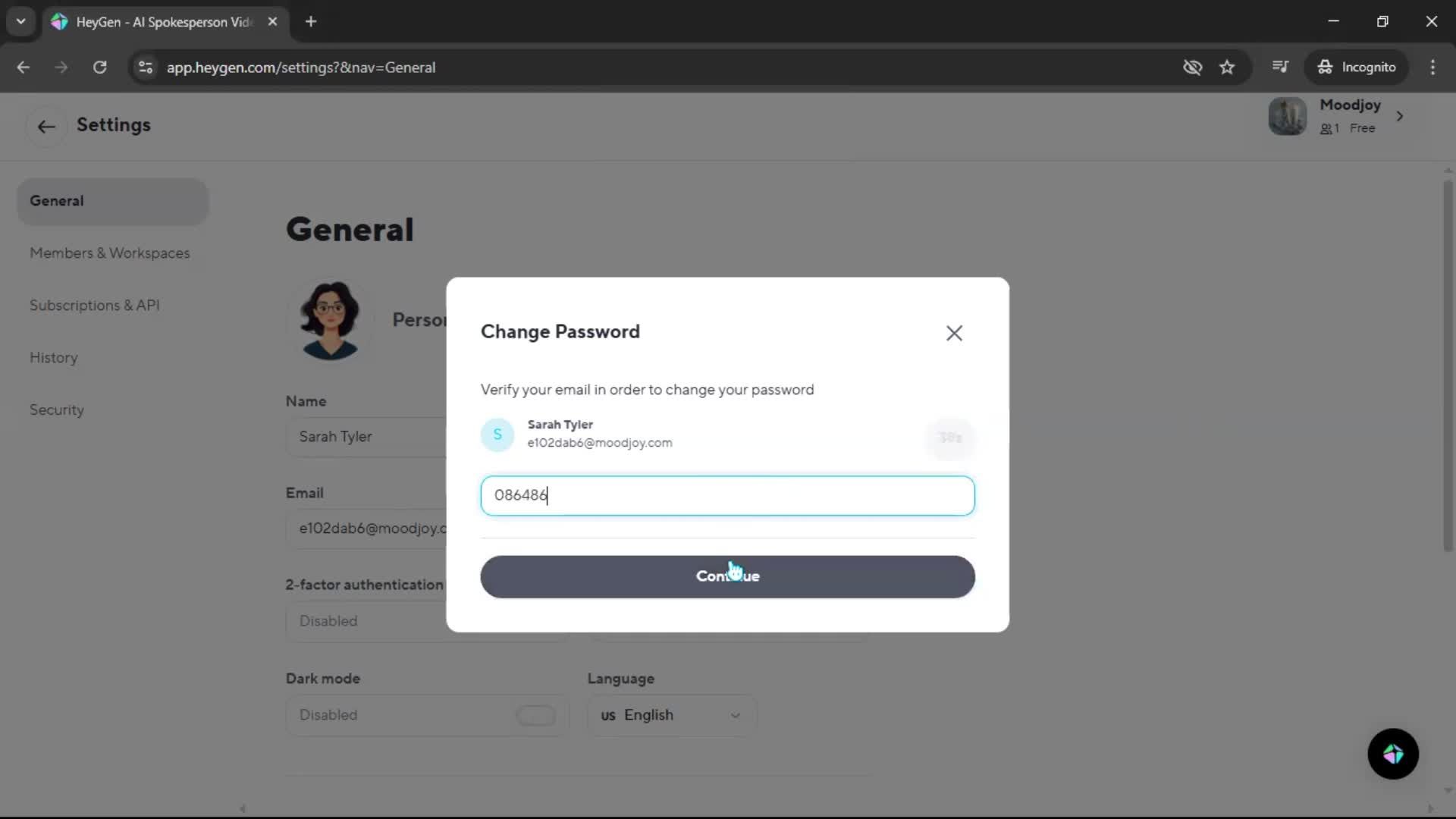 Changing password screenshot