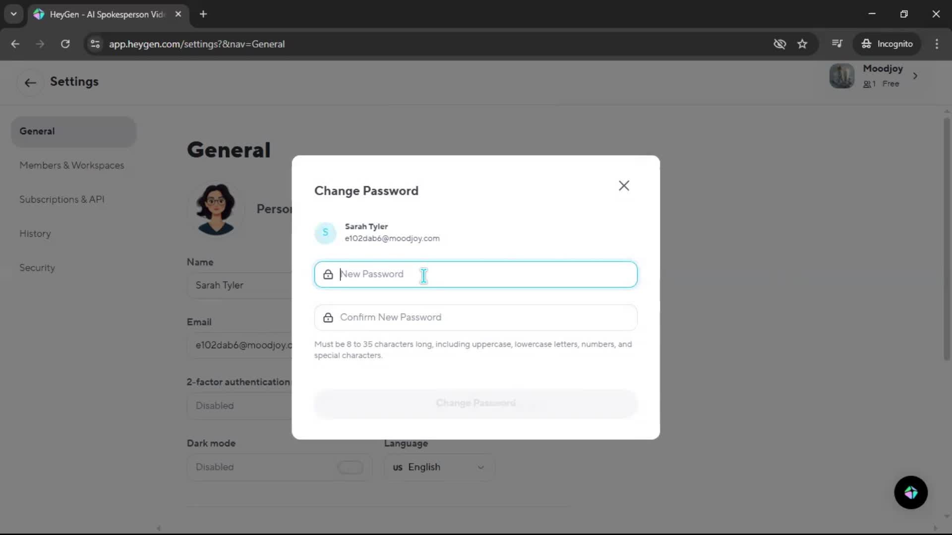 Changing password screenshot