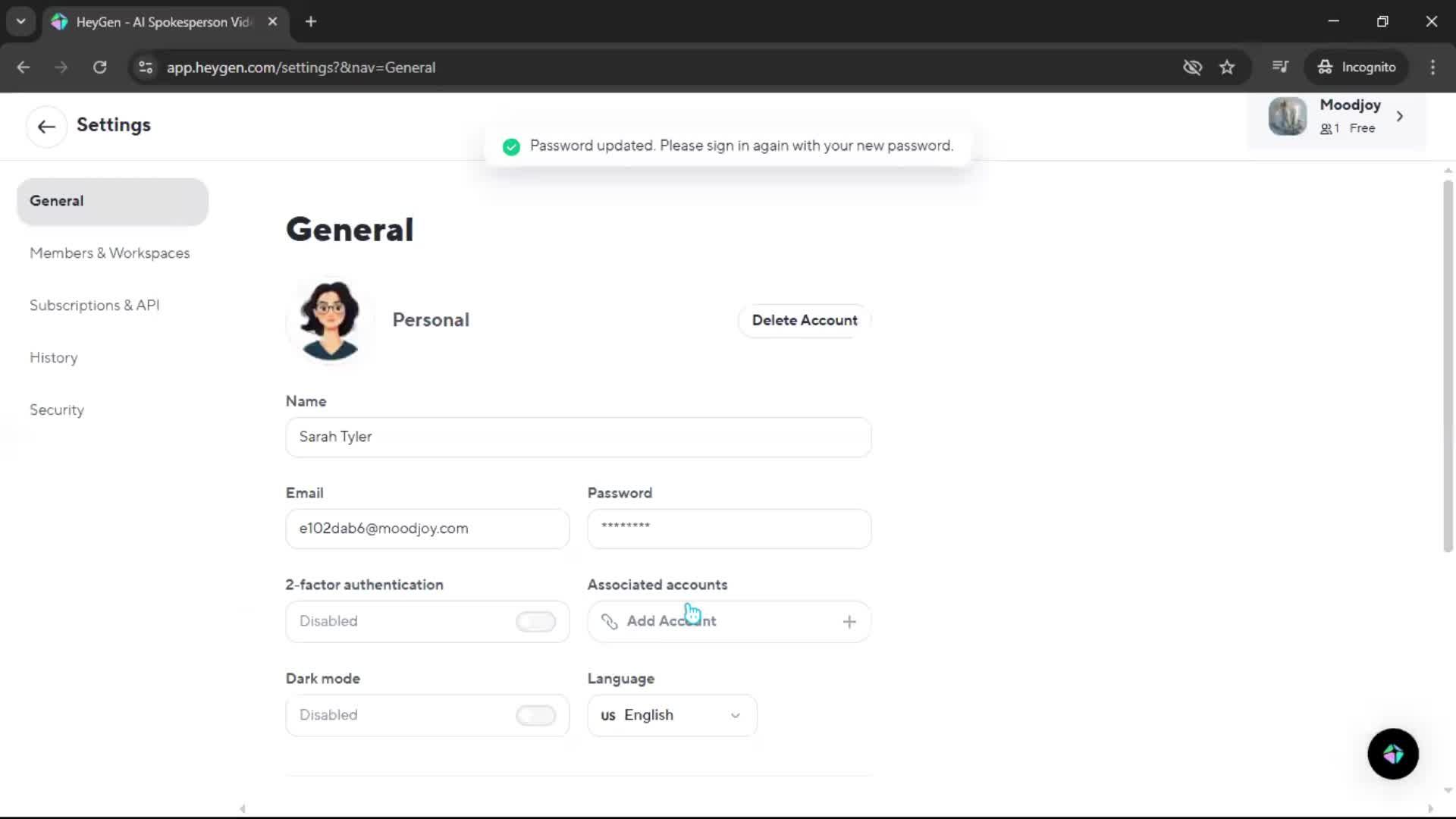 Changing password screenshot