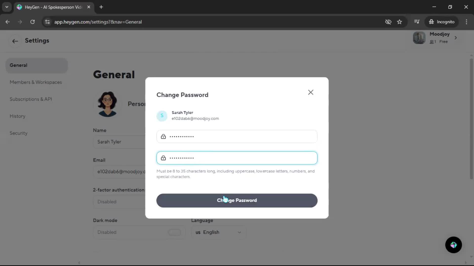 Changing password screenshot
