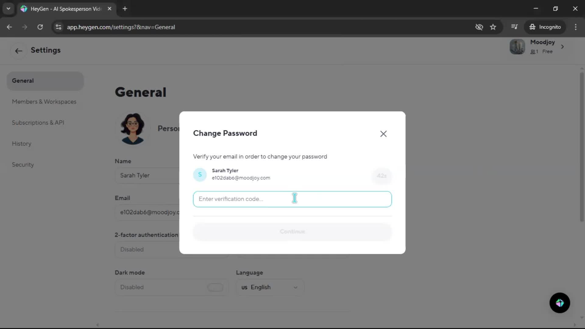 Changing password screenshot