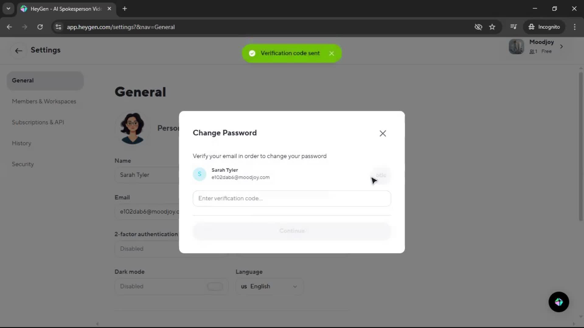 Changing password screenshot