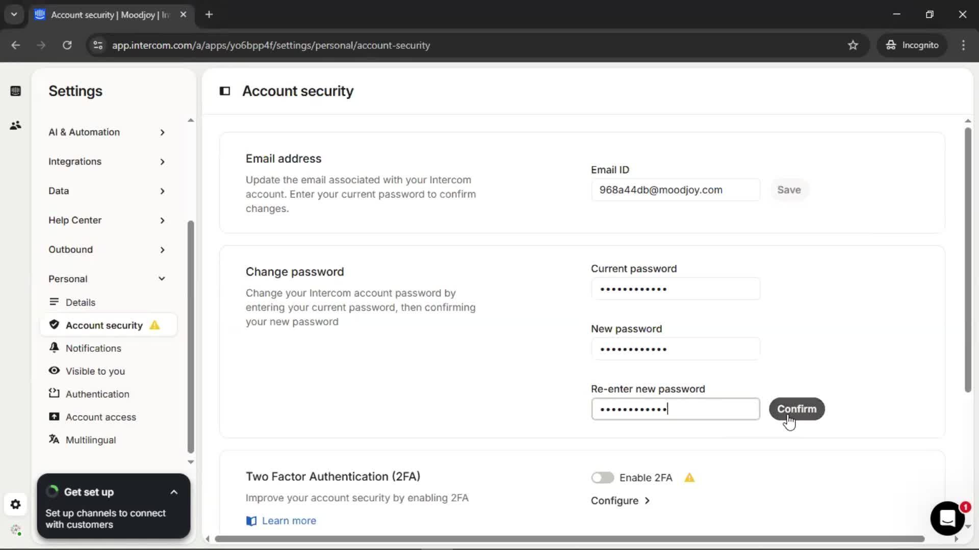 Changing password screenshot