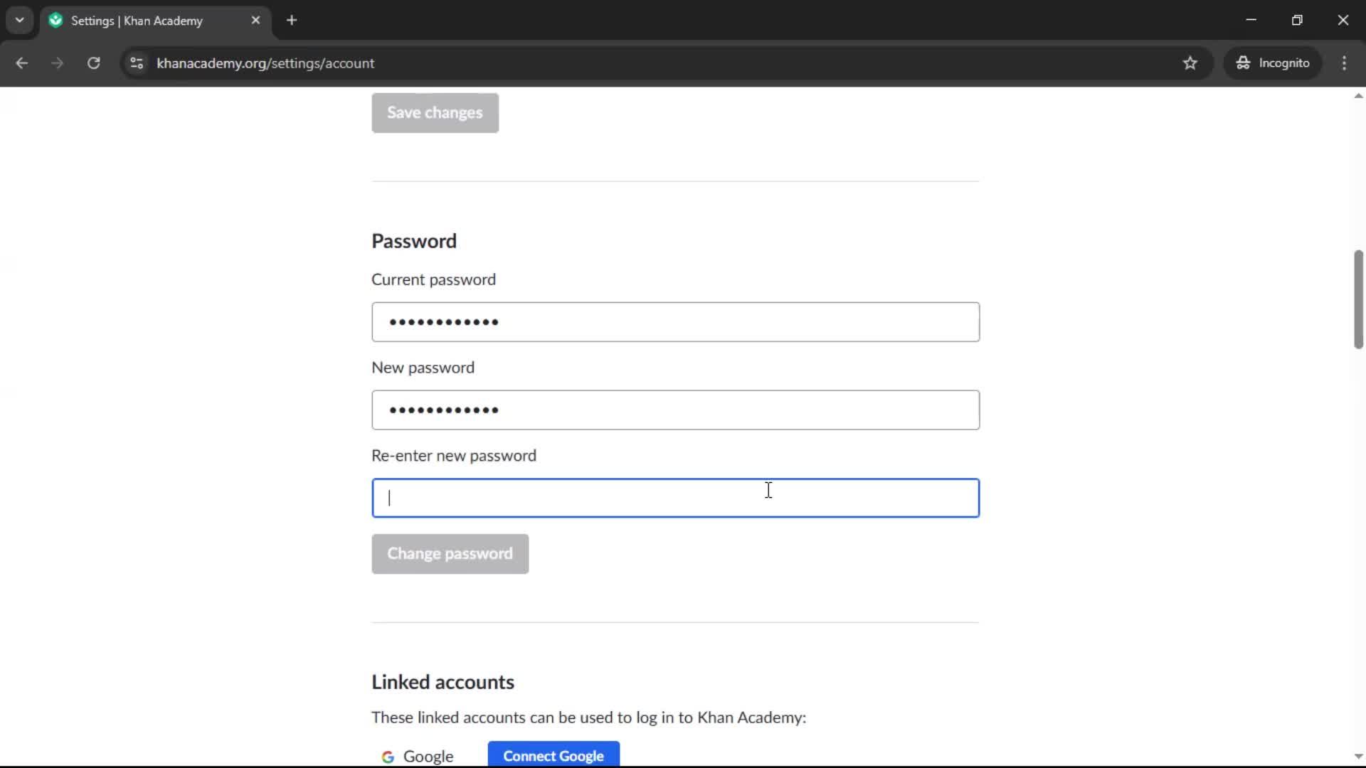 Changing password screenshot