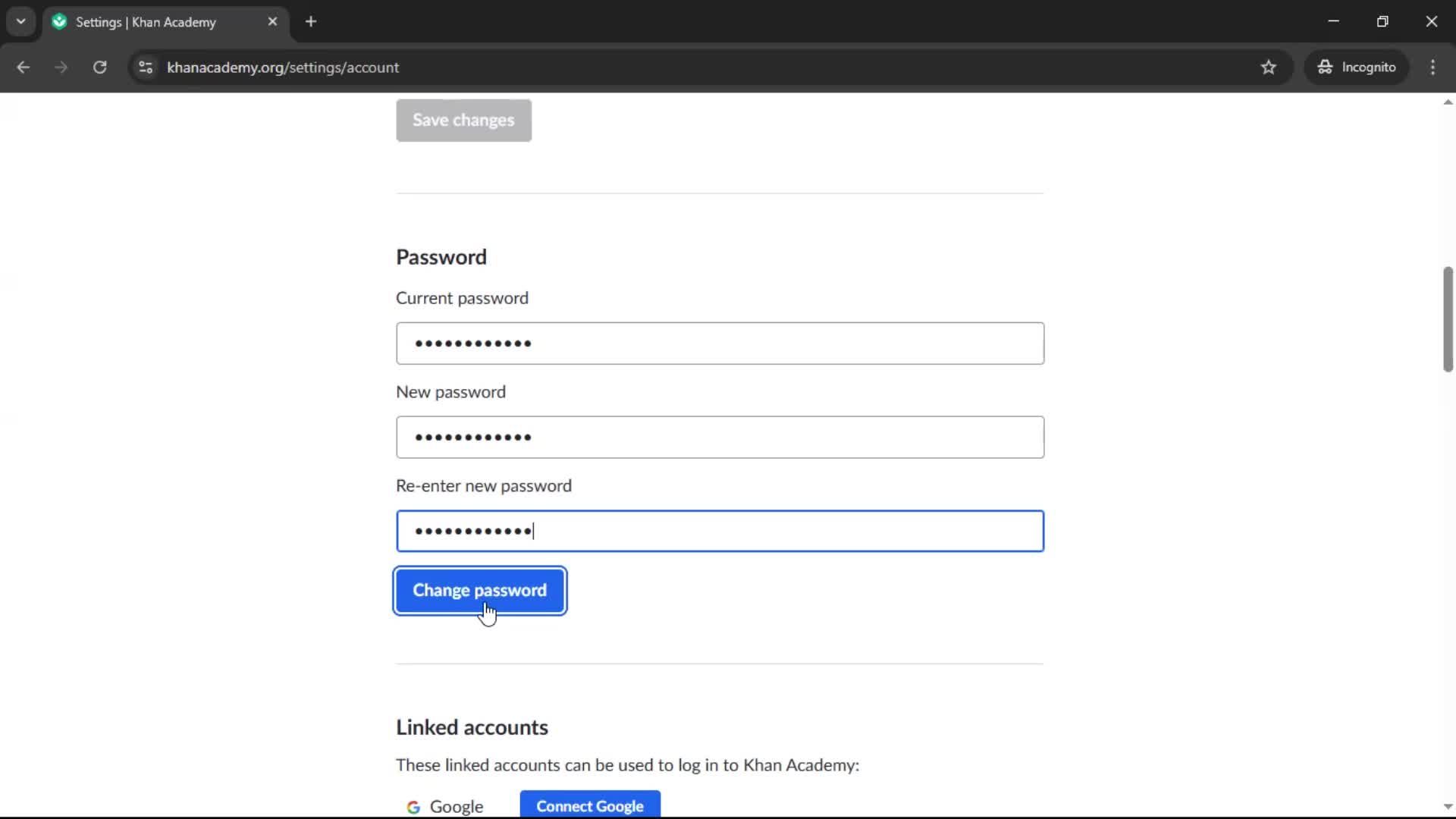 Changing password screenshot