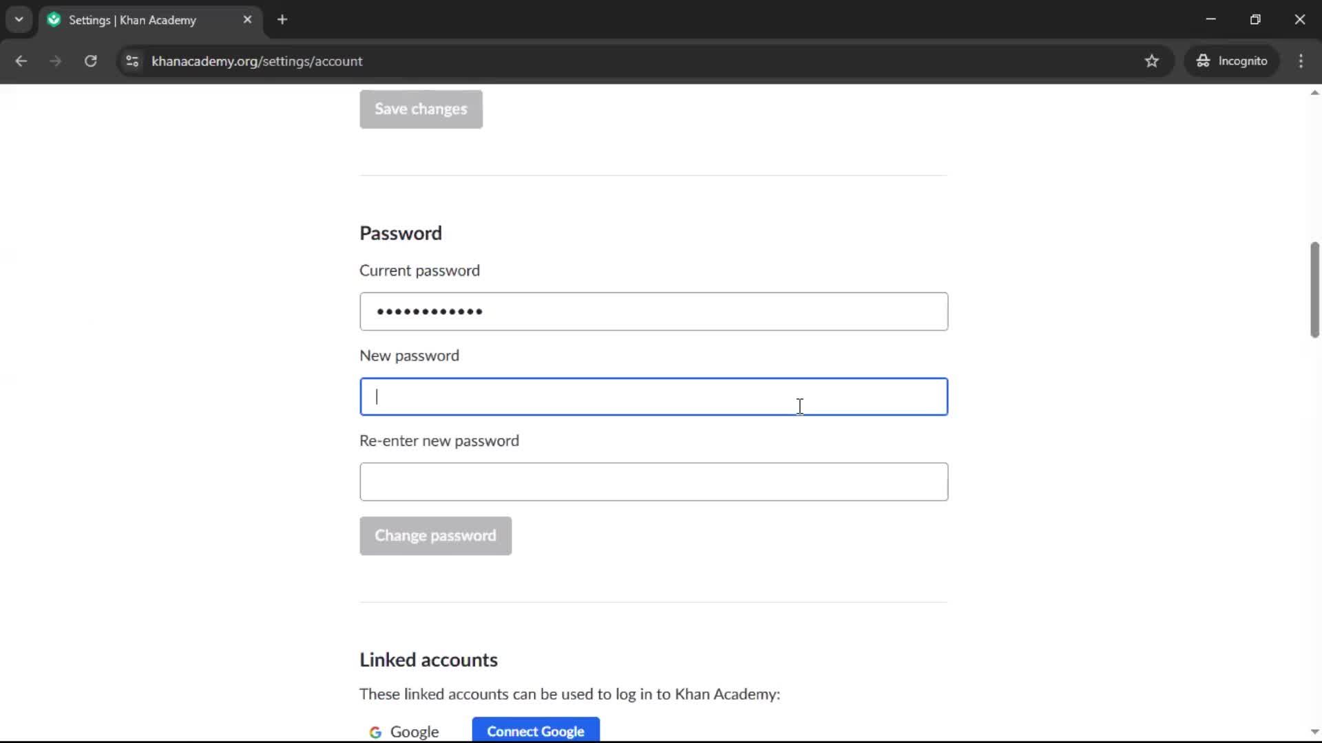 Changing password screenshot