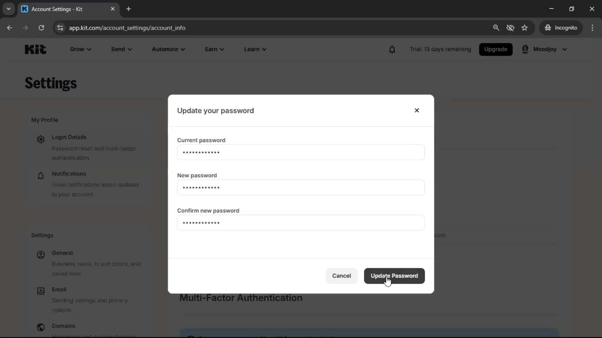 Changing password screenshot