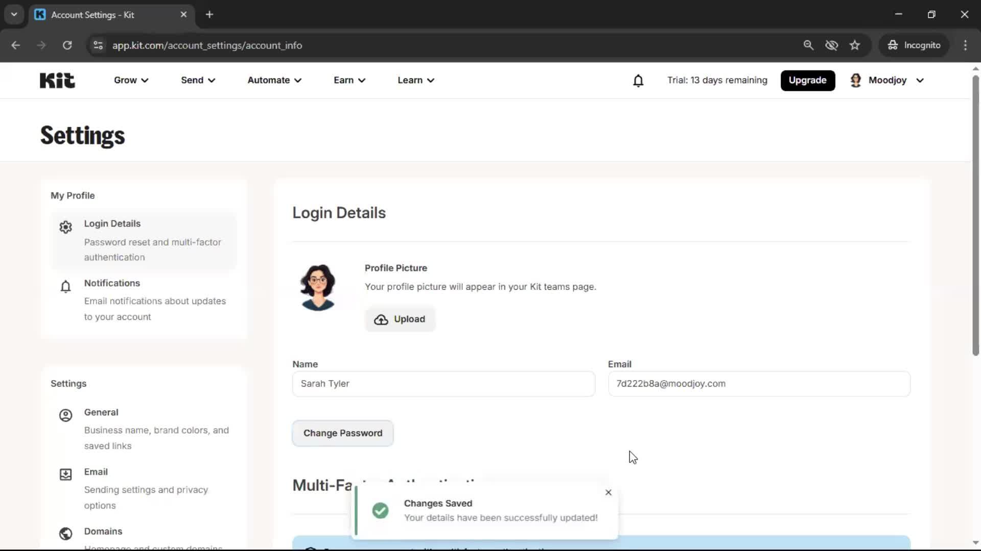 Changing password screenshot