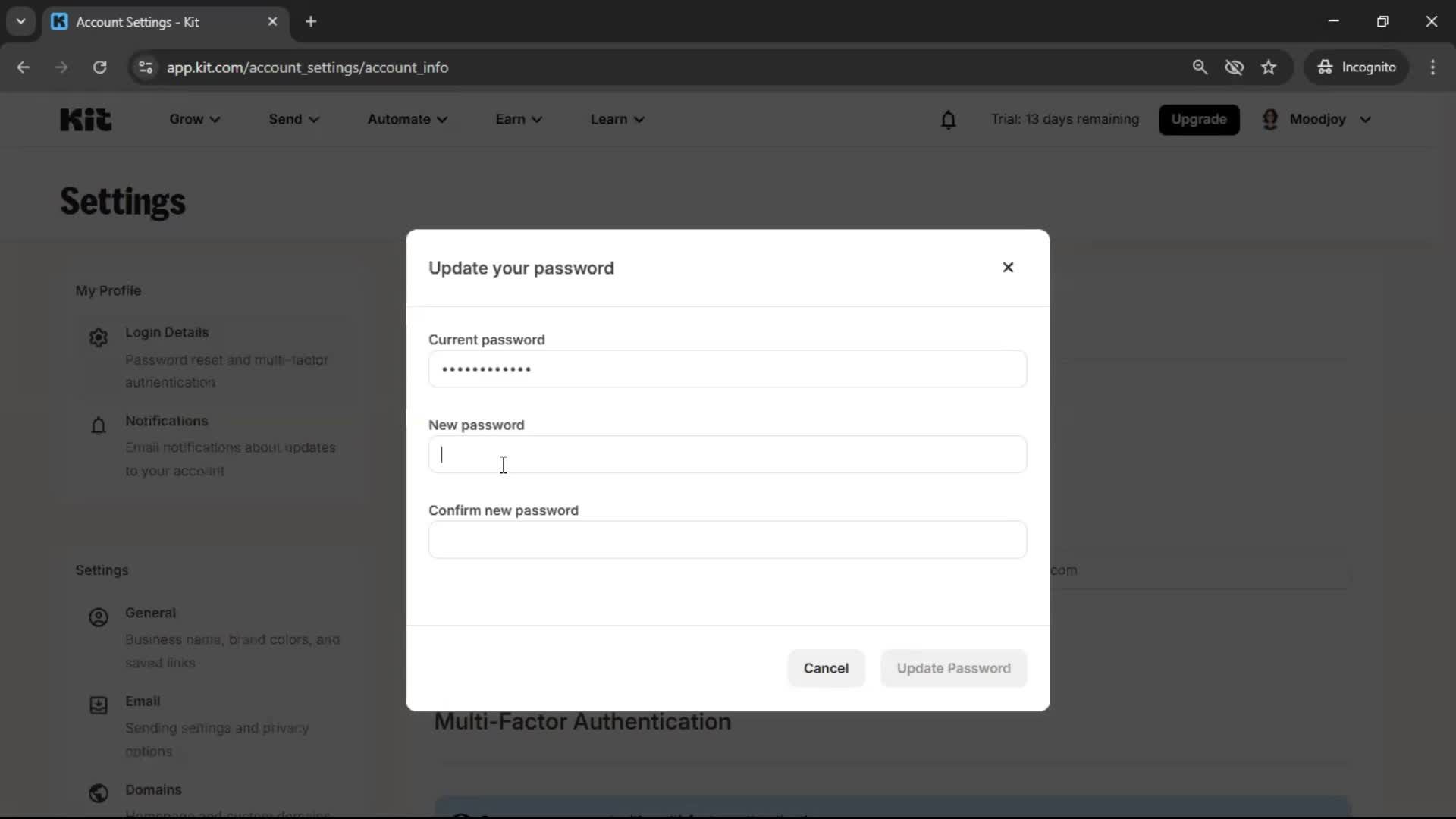 Changing password screenshot