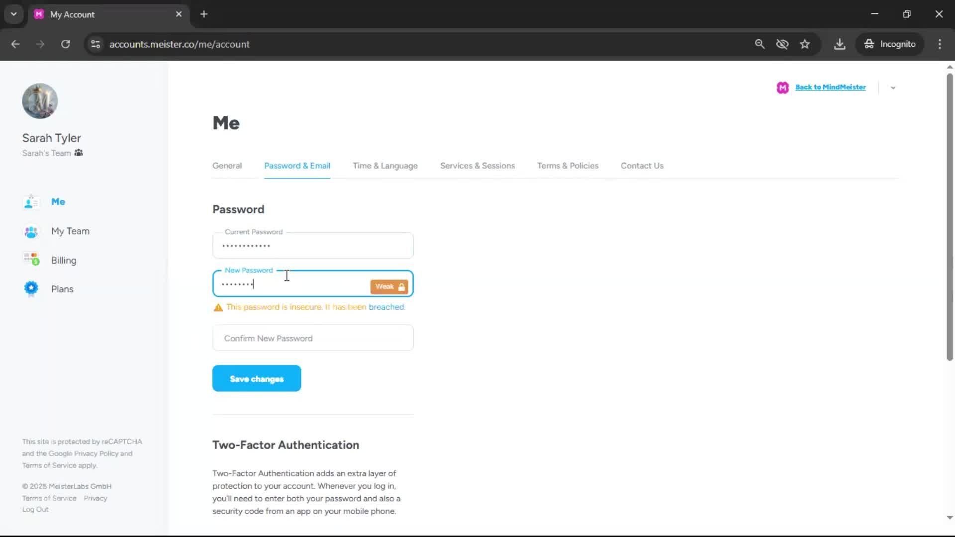 Changing password screenshot