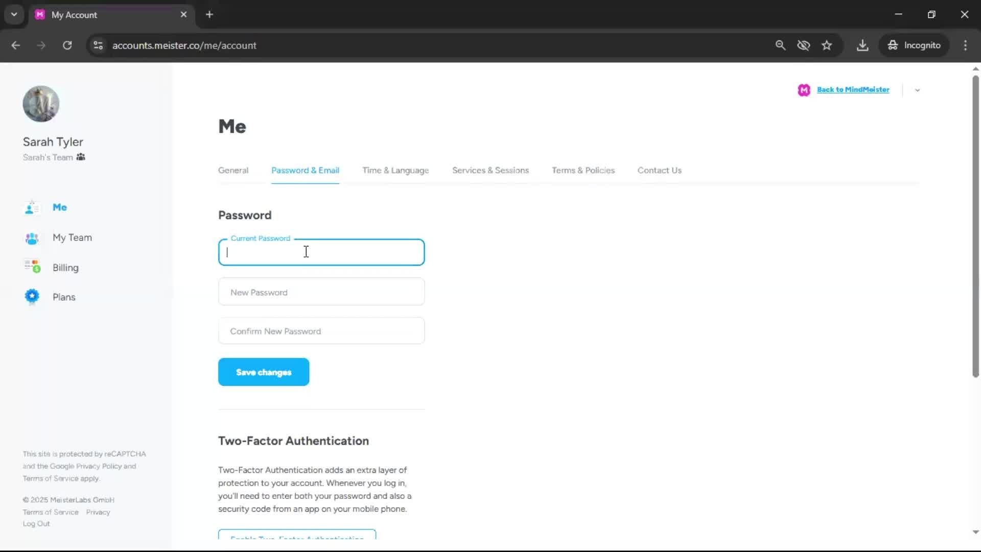 Changing password screenshot