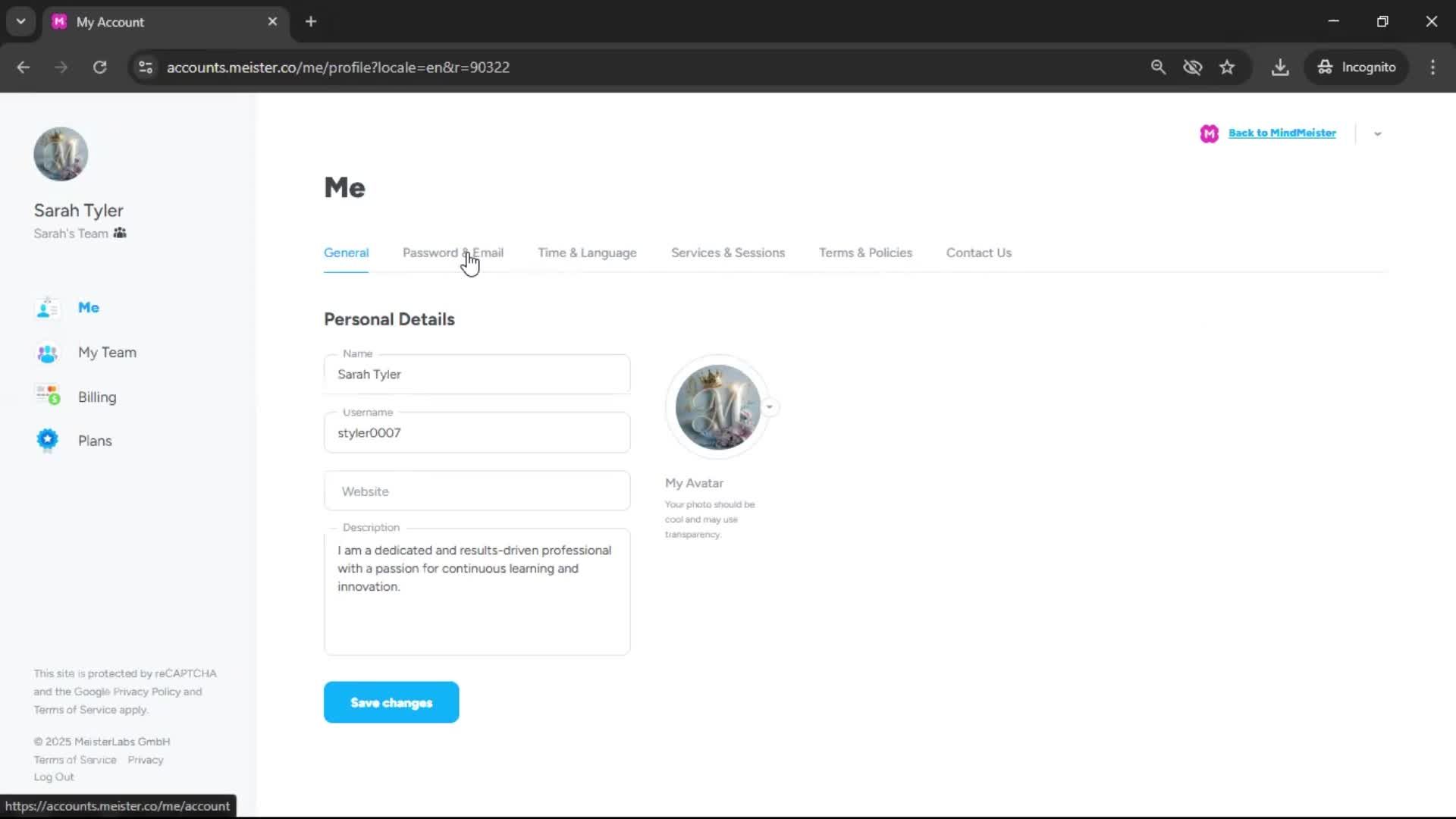 Changing password screenshot