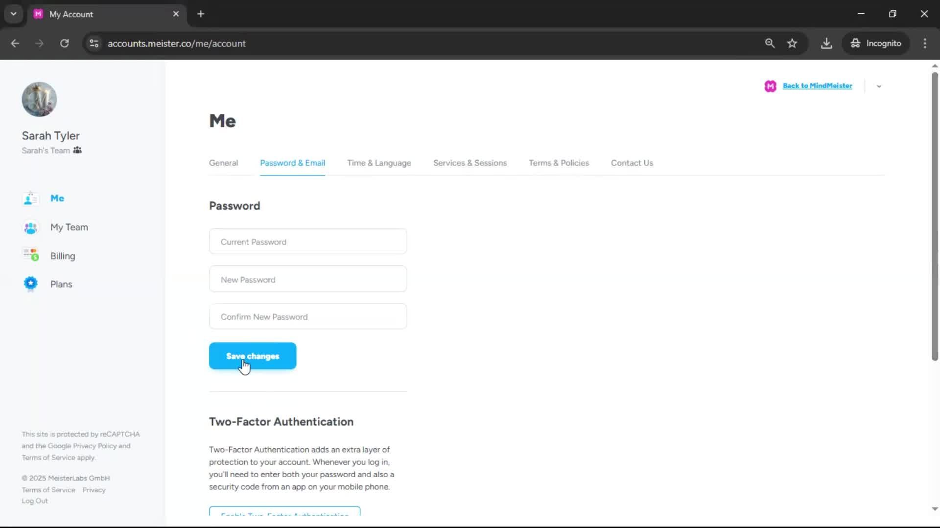 Changing password screenshot