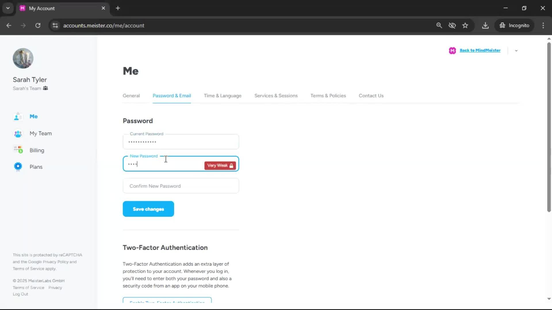 Changing password screenshot