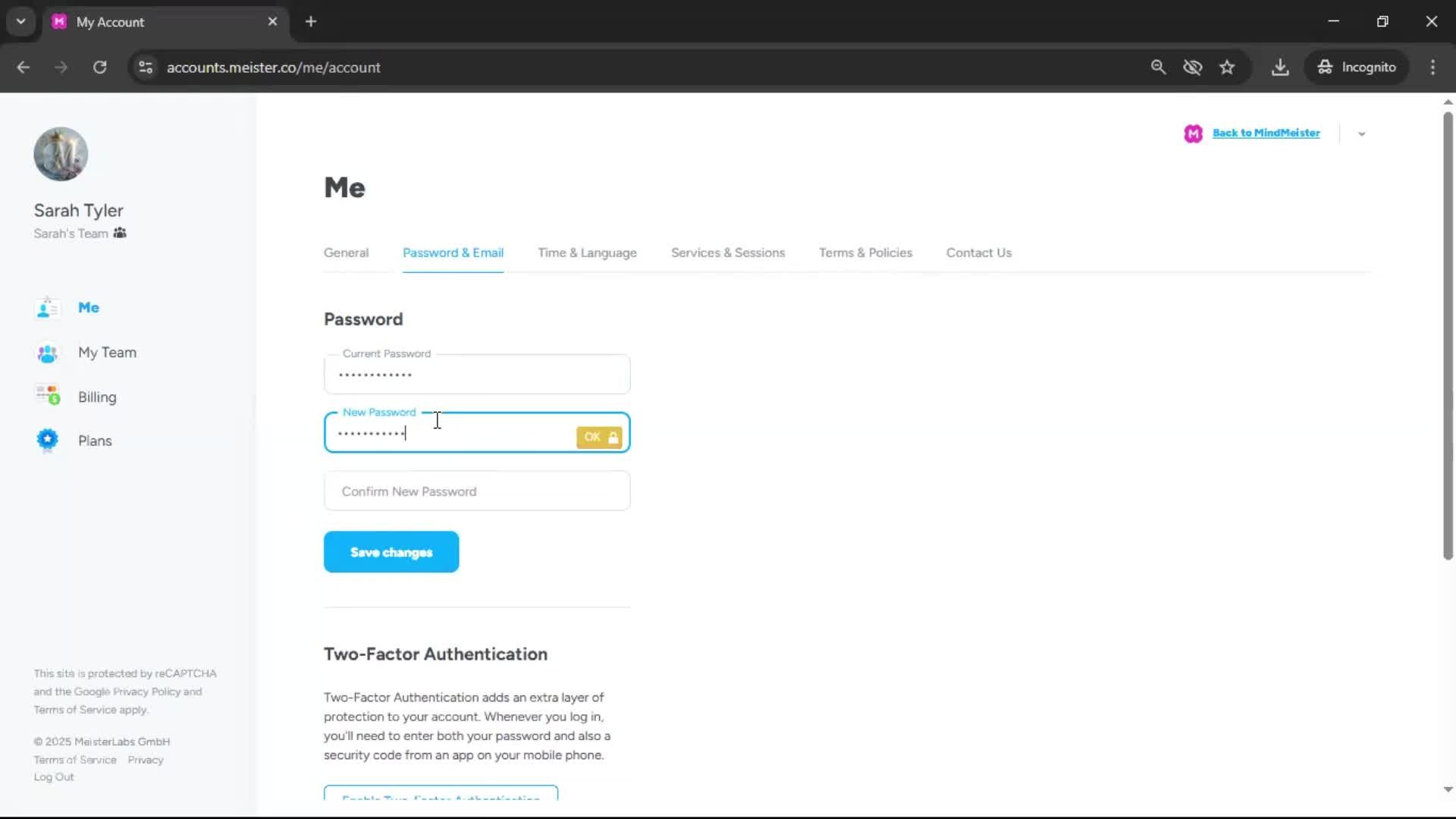 Changing password screenshot