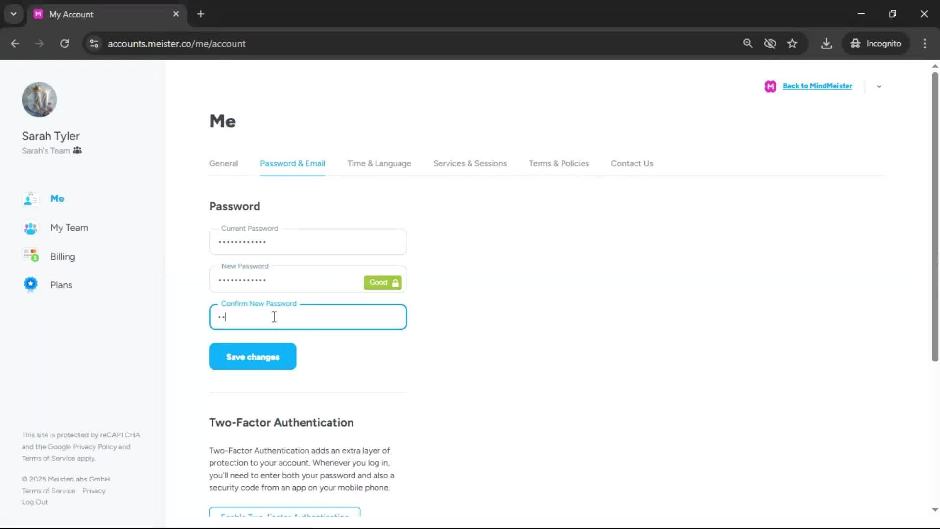 Changing password screenshot