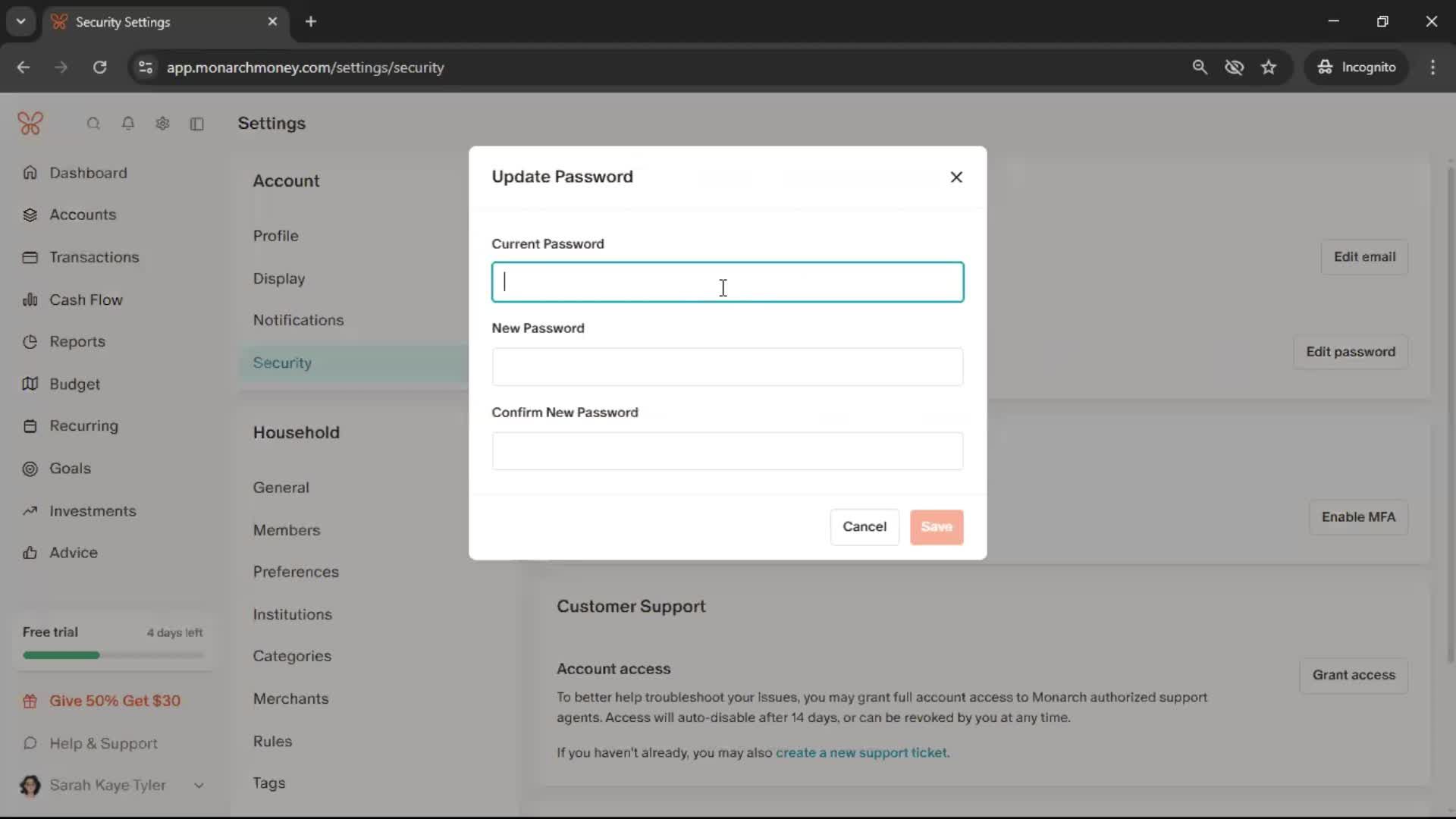 Changing password screenshot