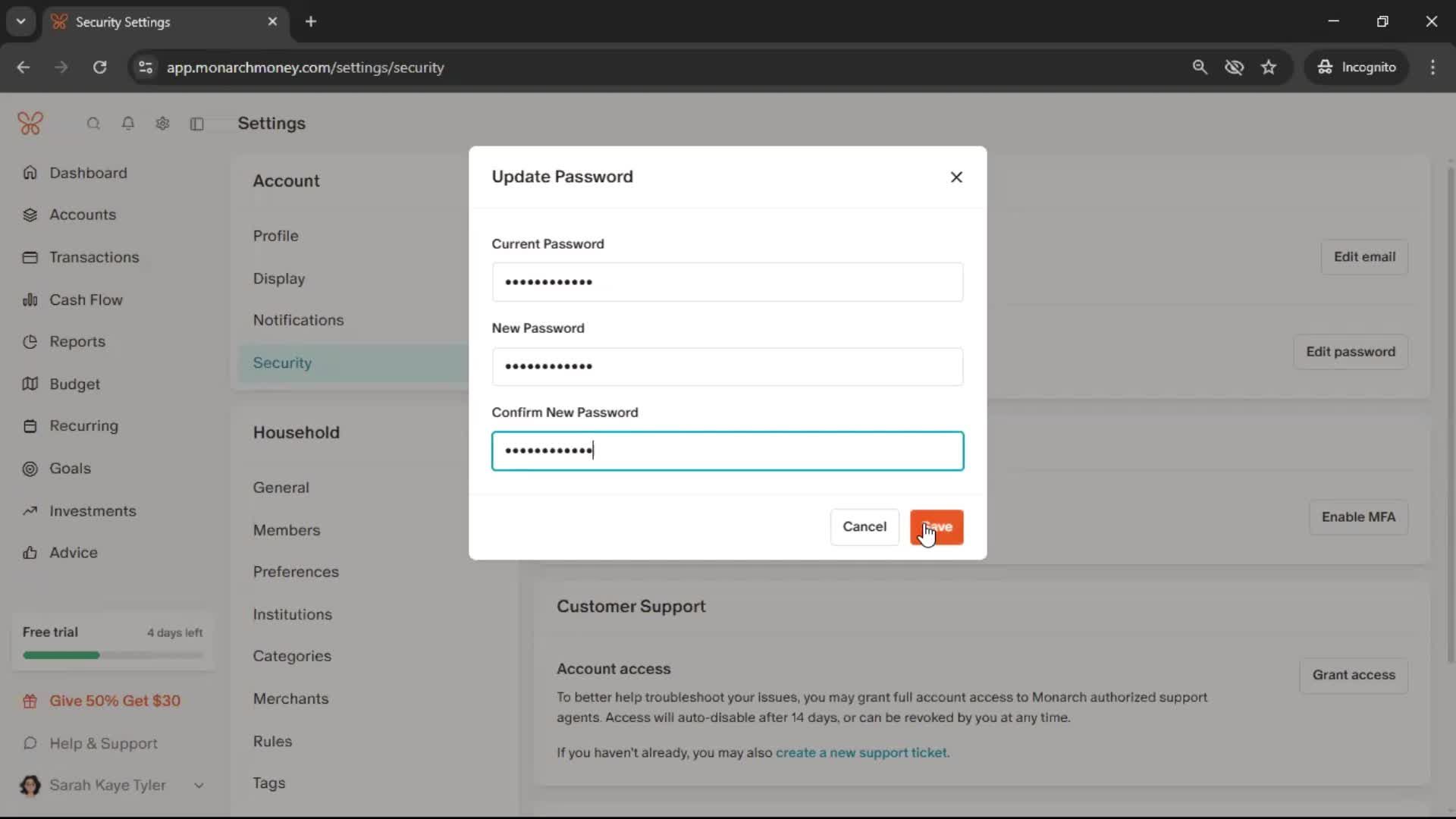 Changing password screenshot