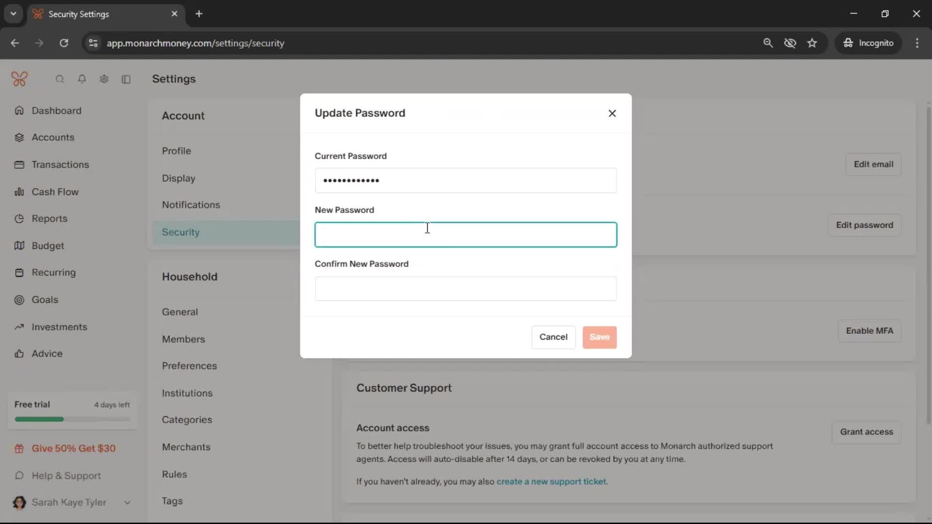 Changing password screenshot