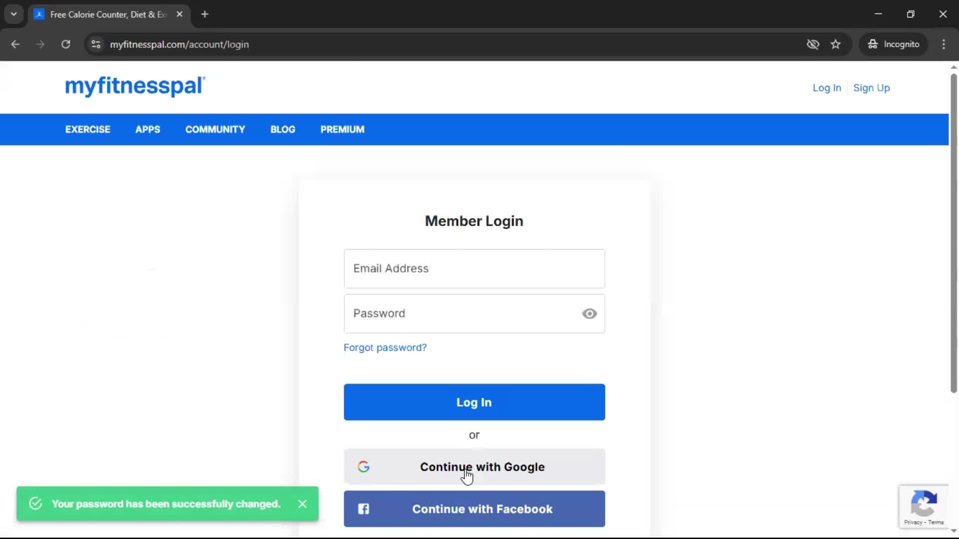 Changing password screenshot