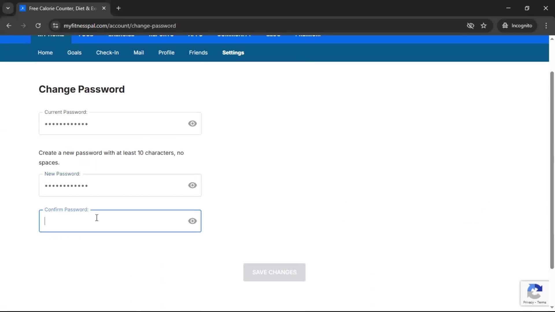 Changing password screenshot