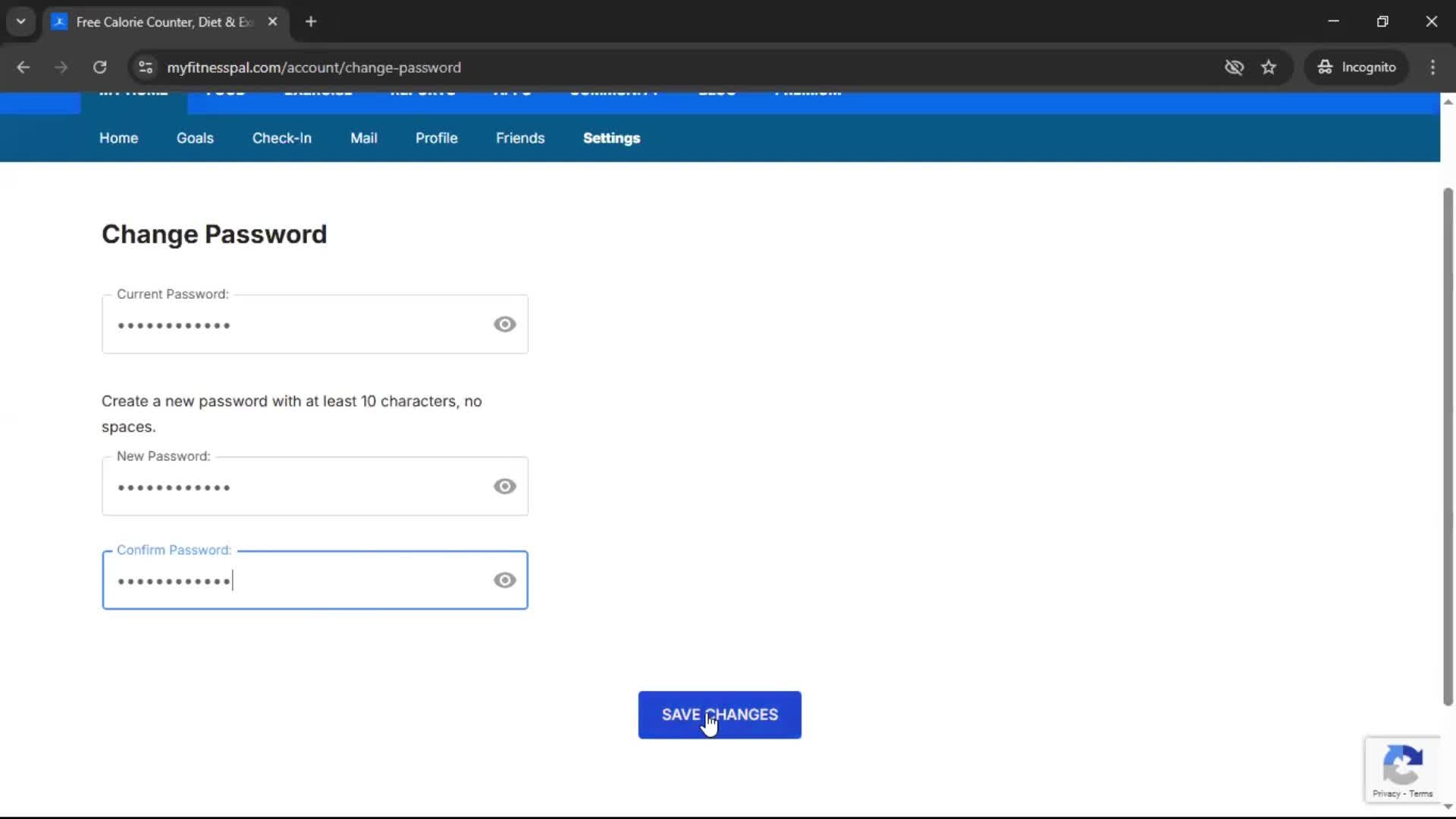 Changing password screenshot