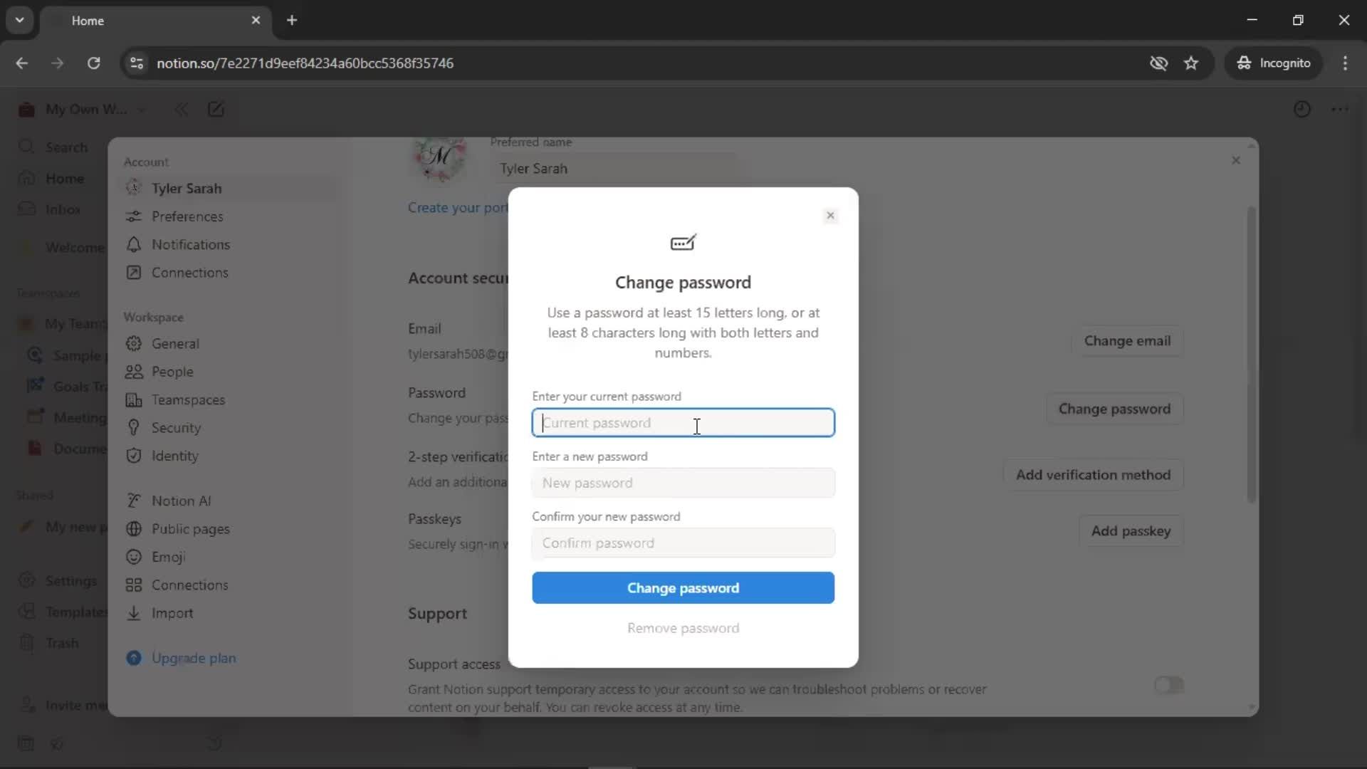 Changing password screenshot