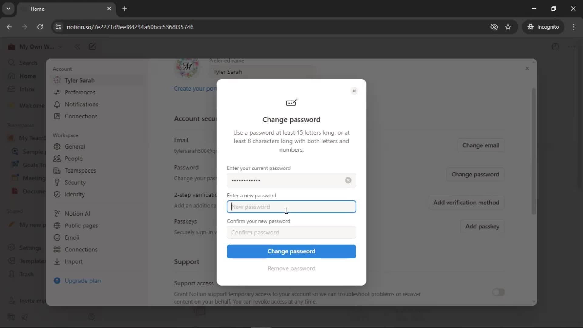 Changing password screenshot