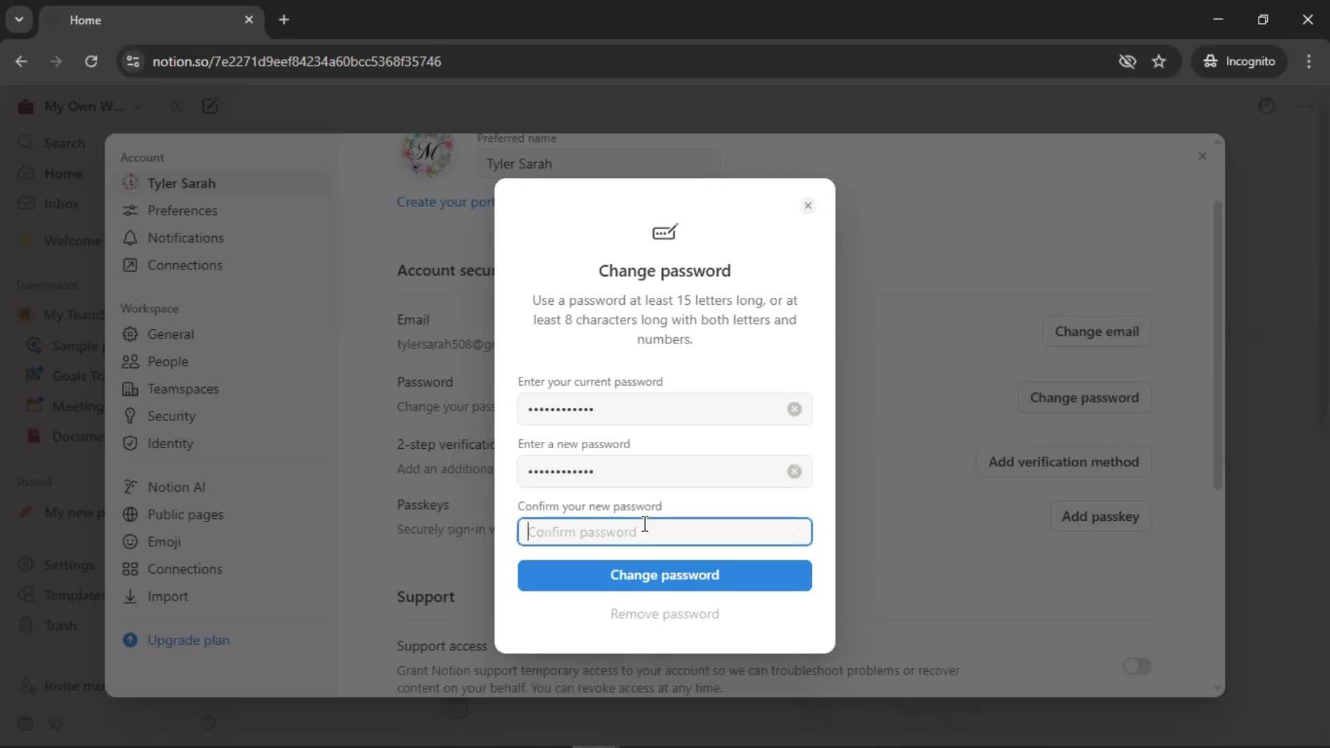 Changing password screenshot